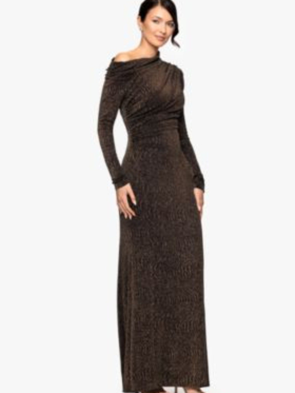Betsy & Adam Women's Metallic Knit Drop Shoulder Long Sleeve Ruched Floor Length